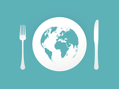 Modern style plate with cutlery and blue world map