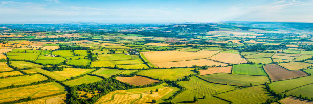 istock Aerial panorama over patchwork pasture farm fields picturesque rural landscape 664634362