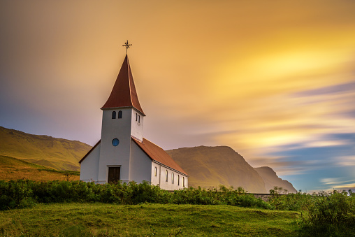 Sunrise over the lutheran church   in Vik, Iceland