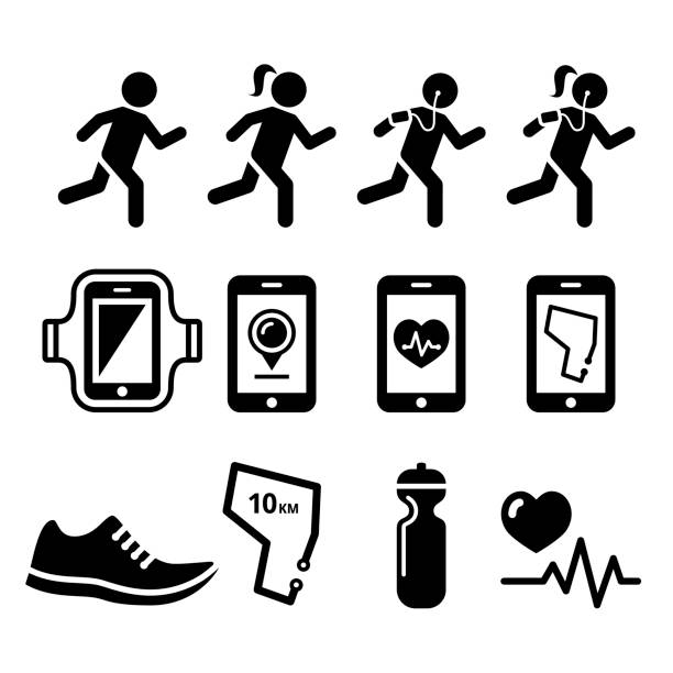 illustrazioni stock, clip art, cartoni animati e icone di tendenza di set di icone di jogging, persone in esecuzione, app per jogging - arm band