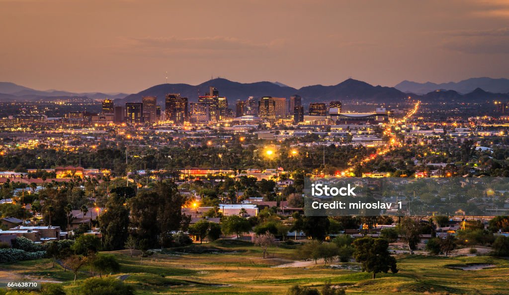 Phoenix Arizona skyline at sunset aerial view of Phoenix Arizona skyline at sunset Phoenix - Arizona Stock Photo