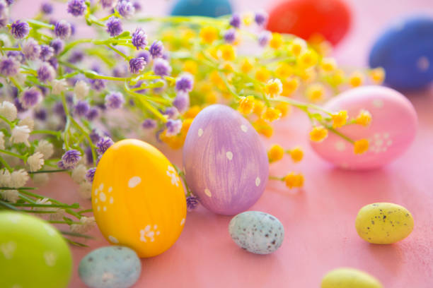 istock Colorful Easter eggs and spring flowers on rustic pink wooden background. 664639510