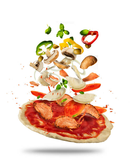 istock Flying ingredients with pizza dough, on white background 664639744