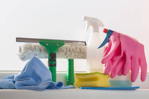 istock Professional window washing equipment. Early spring windows cleaning. 664645304