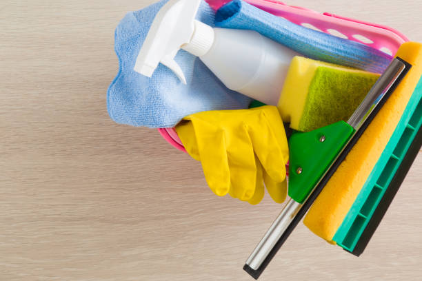 istock Professional window washing equipment. Early spring windows cleaning. 664645860