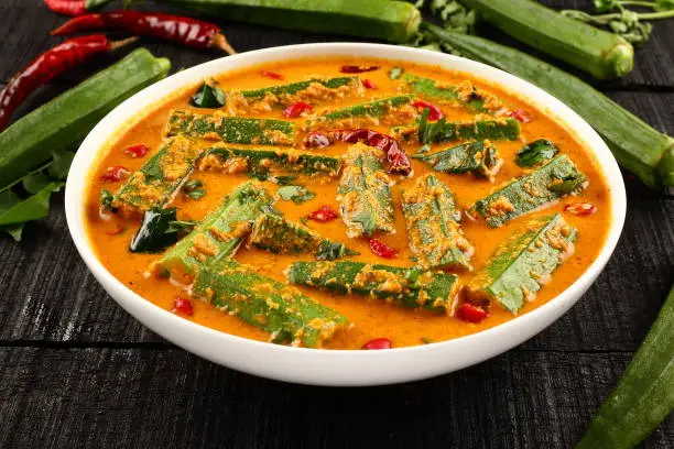 Popular Indian vegetarian curry made of okra or bhindi with spices and herbs.