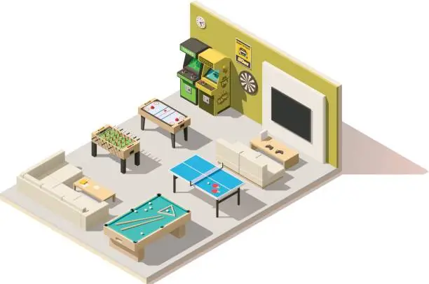 Vector illustration of Vector isometric low poly recreation room interior