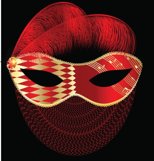 abstract red mask with feathers and veil dark background, red-golden carnival half mask with veil and feathers tissue box pattern stock illustrations