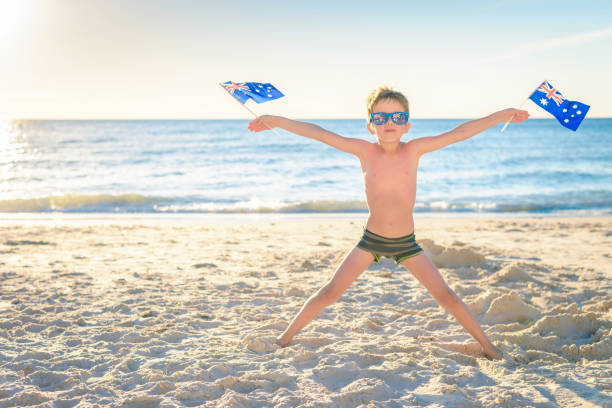 istock Boy with Australian flags on Australia day 664663624