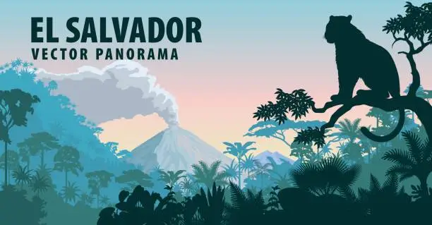 Vector illustration of vector panorama of El Salvador with jungle raimforest and jaguar