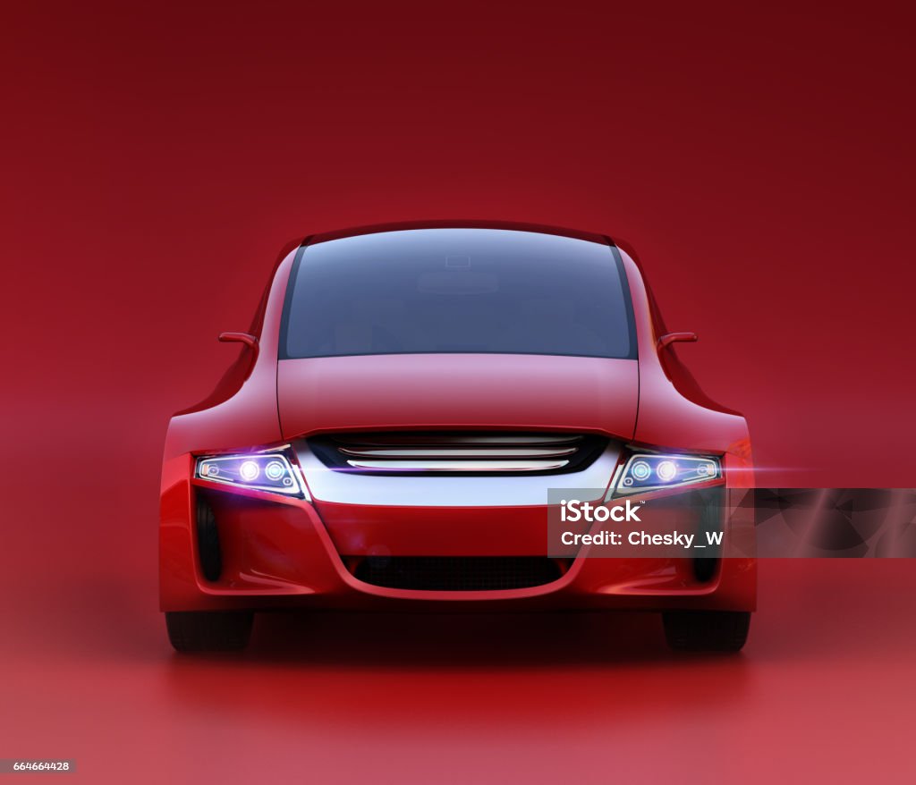 Vista frontal de vehículo autónomo rojo sobre fondo rojo oscuro - Ilustración de stock de Automatizado libre de derechos