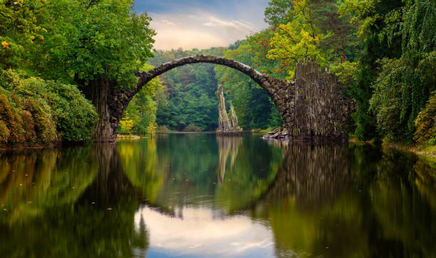 istock Autumn, cloudy evening over Devil's bridge in the park Kromlau, Germany 664668372