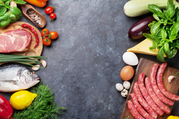 istock Vegetables, fish, meat and ingredients cooking 664670096