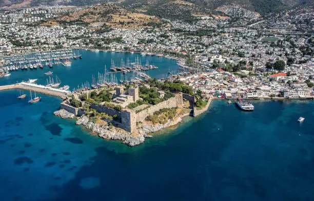 Bodrum, Turkey - July 15, 2015: View to the Halicarnassus castle and yachts in Bodrum, Turkey.