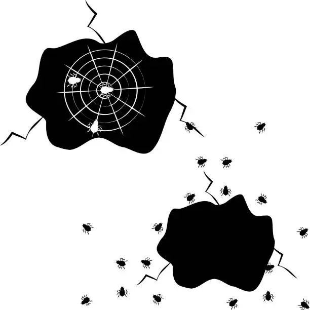 Vector illustration of Hole with spiders on white background.  Vector illustration.