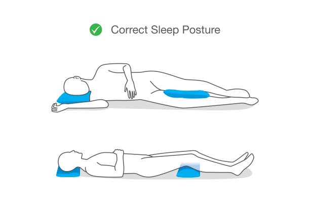 richtige körperhaltung während des schlafes für die aufrechterhaltung des körpers. - posture stock-grafiken, -clipart, -cartoons und -symbole