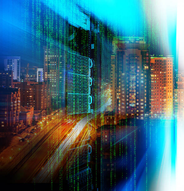 istock matrix code Blade server is a close-up with motiom and blur double exposure night city confusion 664687664