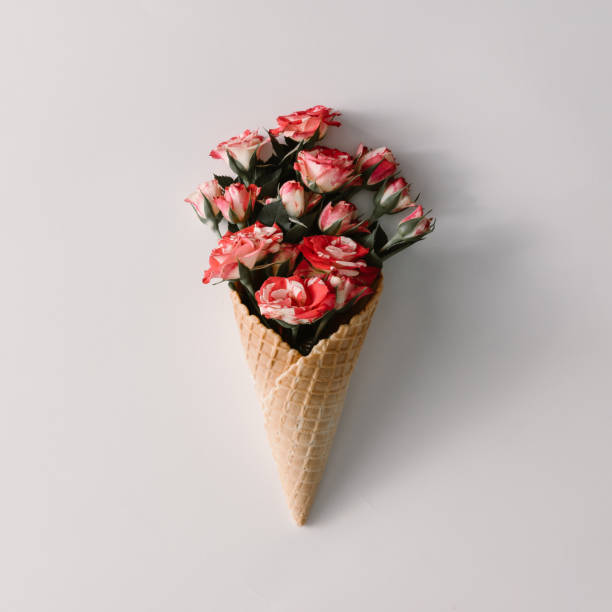 istock Ice cream cone with colorful flowers on white background. Flat lay. Minimal summer concept. 664688262