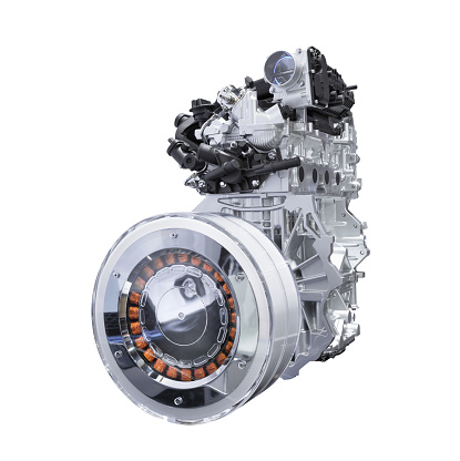 Hybrid car engine isolated on white background with clipping path