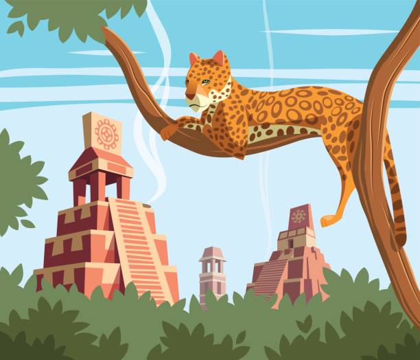 Jaguar on tree and ancient Mayan pyramids in background Jaguar on tree and ancient Mayan pyramids in background aztec-jaguar stock illustrations