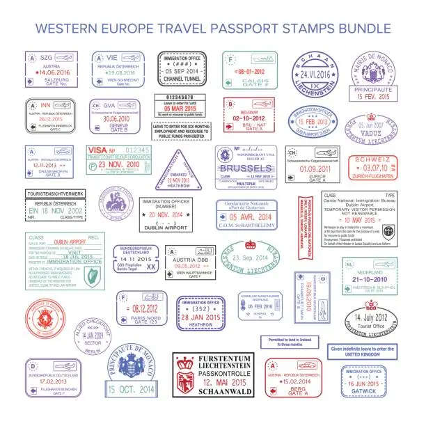 Vector illustration of Vector western europe colour travel visa stamps set