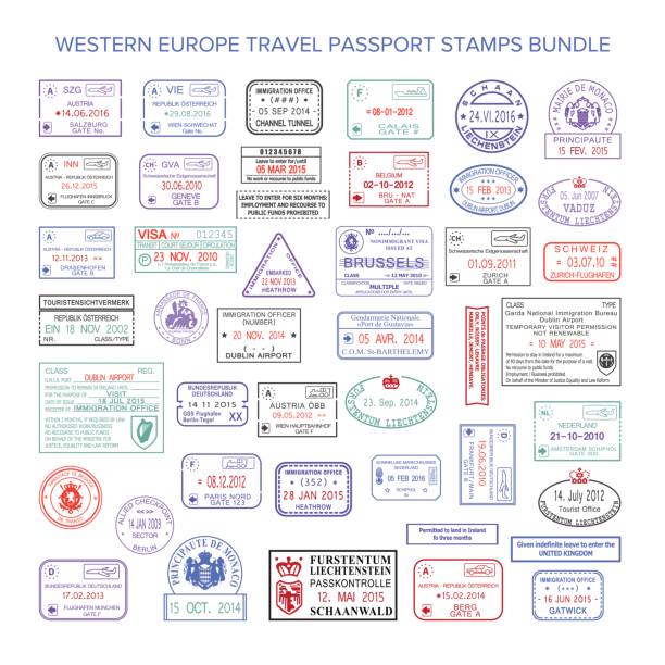 向量西歐顏色旅行簽證郵票集 - 護照印章 幅插畫檔、美工圖案、卡通及圖標