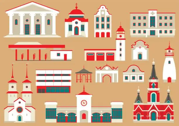 Vector illustration of Vector set of flat city buildings to create and generate tourist map.