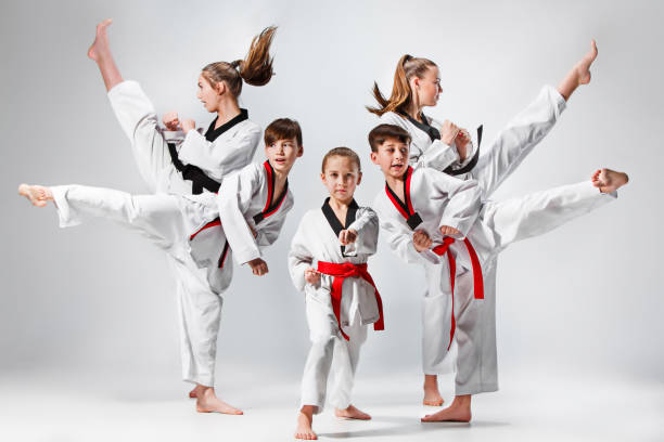 la toma de estudio del grupo de entrenamiento de artes marciales de karate niños - karate kicking tae kwon do martial fotografías e imágenes de stock