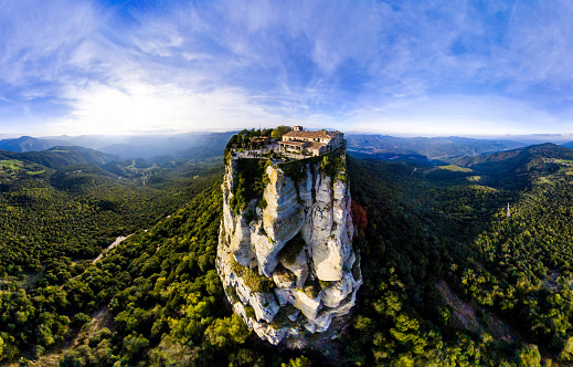 360 degree Aerial view of Santuari del Far in La Garrotxa (Catalonia). Spain