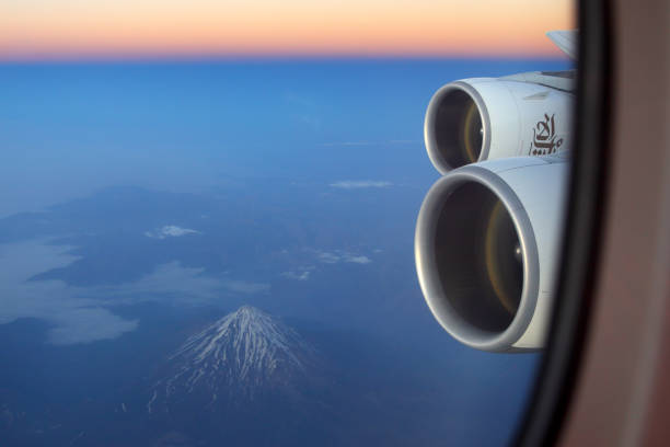 Emirates Airbus A380 wing view (Damavand volcano seen). stock photo