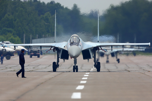 Kubinka, Moscow Region, Russia - June 19, 2015: Sukhoi Su-35S jet fighter at Kubinka air force base during Army-2015 forum.