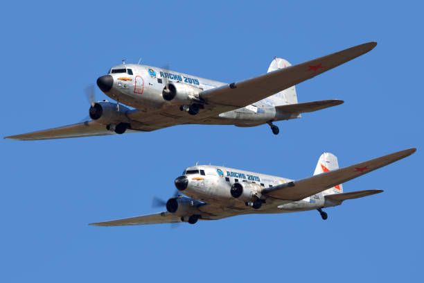 Pair DC-3 shown at MAKS-2015 airshow in Zhukovsky. Zhukovsky, Moscow Region, Russia - August 20, 2015: Pair DC-3 shown at MAKS-2015 airshow in Zhukovsky. moscow international air show stock pictures, royalty-free photos & images