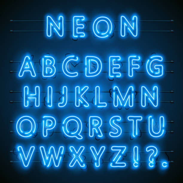 neon schrift stadt. neon blau schrift englisch. stadt, die blaue schrift. alphabet-schriftart. vektor-illustration - light bulb electricity lighting equipment blue stock-grafiken, -clipart, -cartoons und -symbole