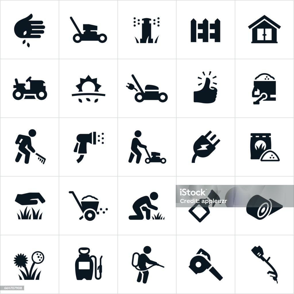 Lawn Care Icons A set of lawn care icons. The icons include lawn mowers, landscapers, grass, sprinkler system, irrigation system, picket fence, planting seeds, electric lawn mower, green thumb, fertilizer, care, sod, weed killer, weed, and other lawn care equipment. Icon Symbol stock vector