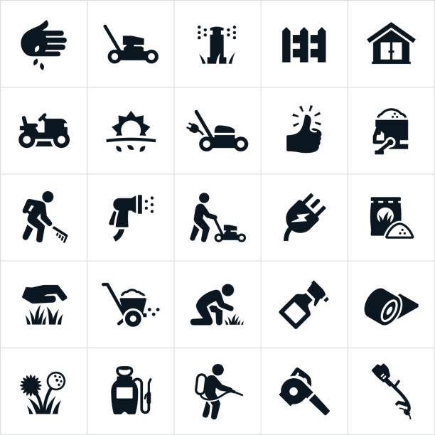 Lawn Care Icons A set of lawn care icons. The icons include lawn mowers, landscapers, grass, sprinkler system, irrigation system, picket fence, planting seeds, electric lawn mower, green thumb, fertilizer, care, sod, weed killer, weed, and other lawn care equipment. fertilizer illustrations stock illustrations