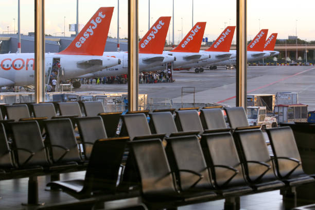 EasyJet Airbus A320 tails at Schiphol airport, Netherlands stock photo