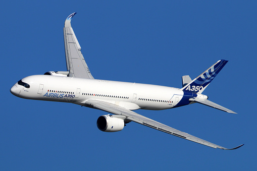 Zhukovsky, Moscow Region, Russia - August 22, 2015: Airbus A350 perfoming demonstration flight in Zhukovsky during MAKS-2015 airshow.