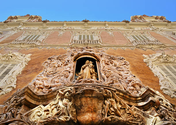VALENCIA,SPAIN - NOVEMBER 6, 2016. Alabaster facade of Virgen del Rosario enclosed in a niche of Palacio del Marques de Dos Aguas  known as the National Museum of Ceramics and Decorative Arts,Valencia