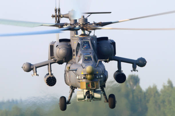Mil MI-28N RF-95325 attack helicopter takes off at Kubinka air force base. stock photo