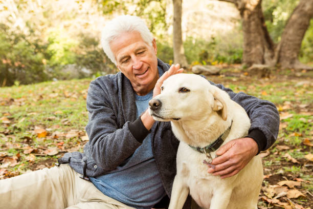 istock Senior man with his dog in park 664708870