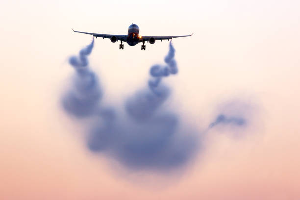 Turbulent wake visualizing behind airplane stock photo