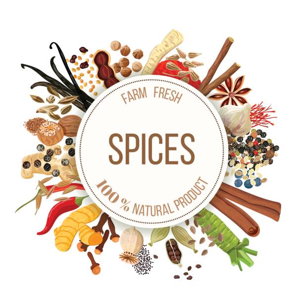 Culinary spices big set Culinary spices big set with round emblem. Bunch of cooking seasonings. For cosmetics, restaurant, store, market, natural health care products. Can be used as logo design, price tag, label poppy seed stock illustrations