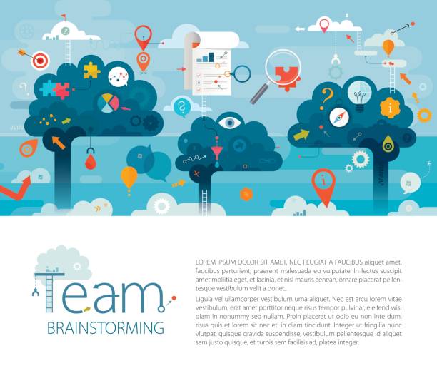 Team Brainstorming Blue Background Template Vector template with copy space text showing team brainstorming. We can see lot of different elements/icons related with solving problem and finding the solution. Those are: identify the problem - question mark, analyze the problem - magnifying glass with puzzle, evaluate possible solutions - document, make a choice based on evaluation and evaluate the results of the actions taken on the choice that was made - climbing ladders upper etc. File contains three clipping groups where elements are partly placed outside of a format. Used fonts: Myriad Pro. Very nice layered. compass gear efficiency teamwork stock illustrations
