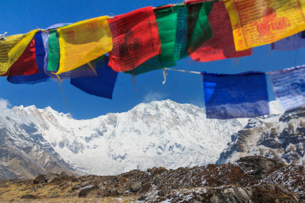 istock Himalaya Annapurna One mountain peak and prayer flags, Nepal 664731190