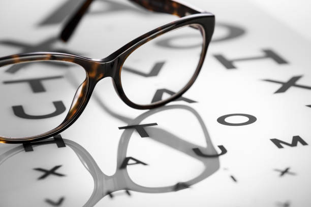 istock Pair of glasses resting on an optician’s sight chart 664731238