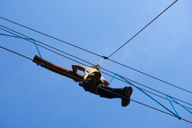 istock Cute school boy enjoying a sunny day in a climbing adventure activity park. 664738908