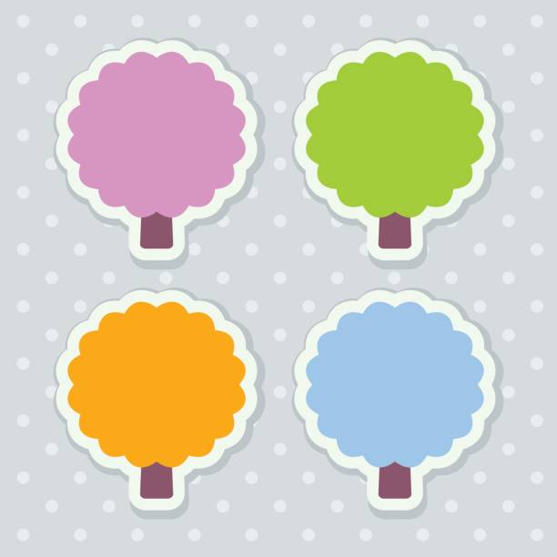 Four colorful seasonal stickers stylized as trees with scalloped edges Four colorful seasonal stickers stylized as trees with scalloped edges. Vector illustration scalloped illustration technique stock illustrations