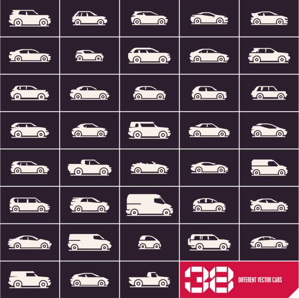 Cars icons set on black background Cars icons set, different vector car types on black background ford truck black stock illustrations