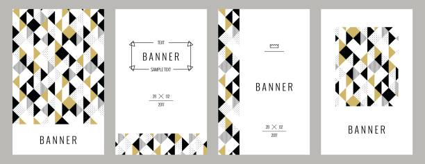 Trendy geometric cards with abstract seamless pattern. Trendy geometric cards with abstract seamless pattern. Gold black and white triangle Pattern . Vector illustration black and gold business cards stock illustrations