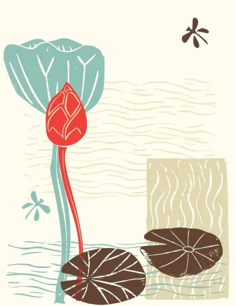 Vector illustration of Hand Carved Linocut Block Print - Lotus Design